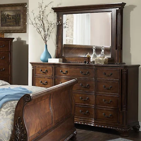 Traditional Warm Cherry 12 Drawer Dresser & Landscape Mirror Set